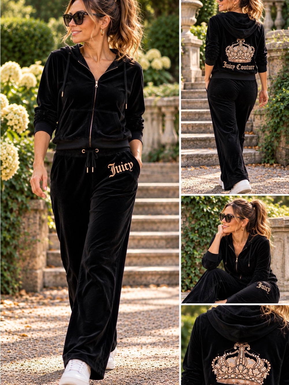 Juicy Couture Black Velour Track Set with Gold Crest & Logo
